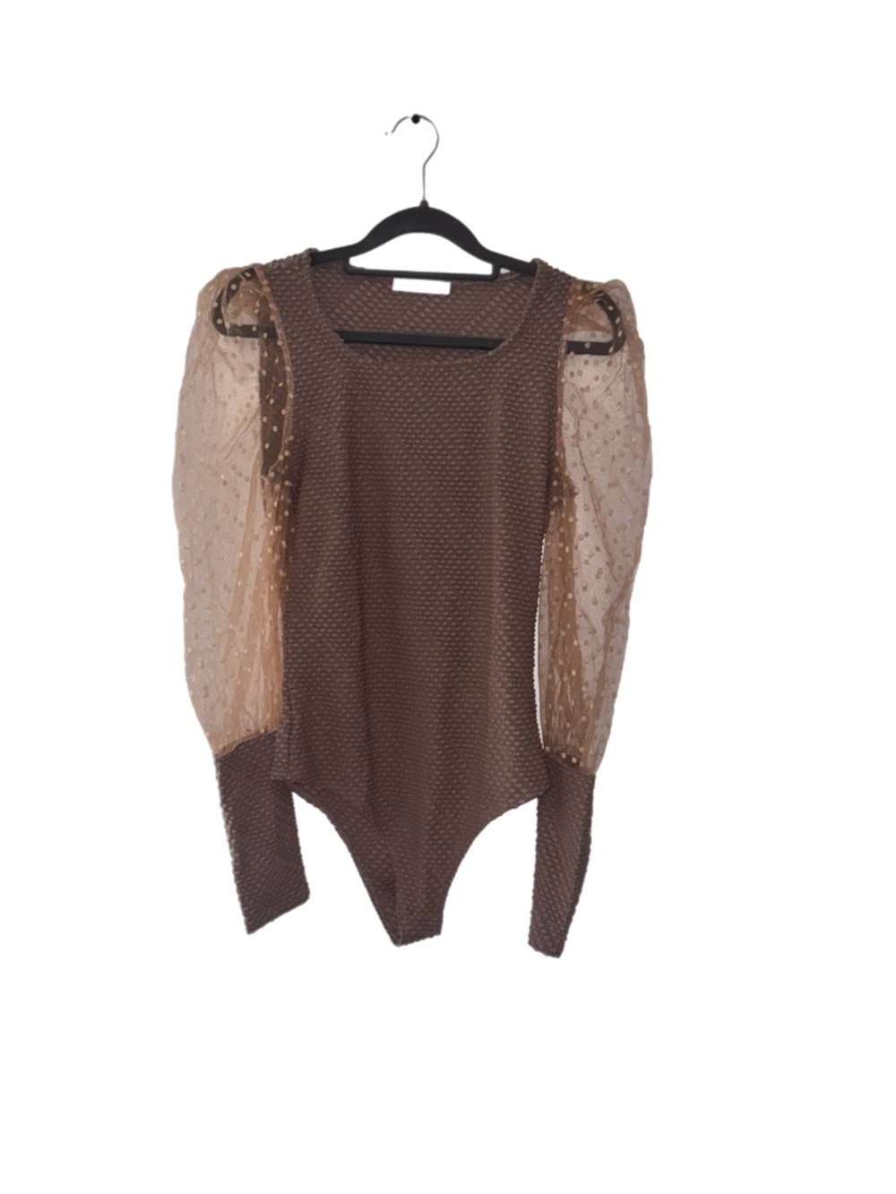 Ces Femme Brown Puff Sleeve Polka Dot Bodysuit NWOT